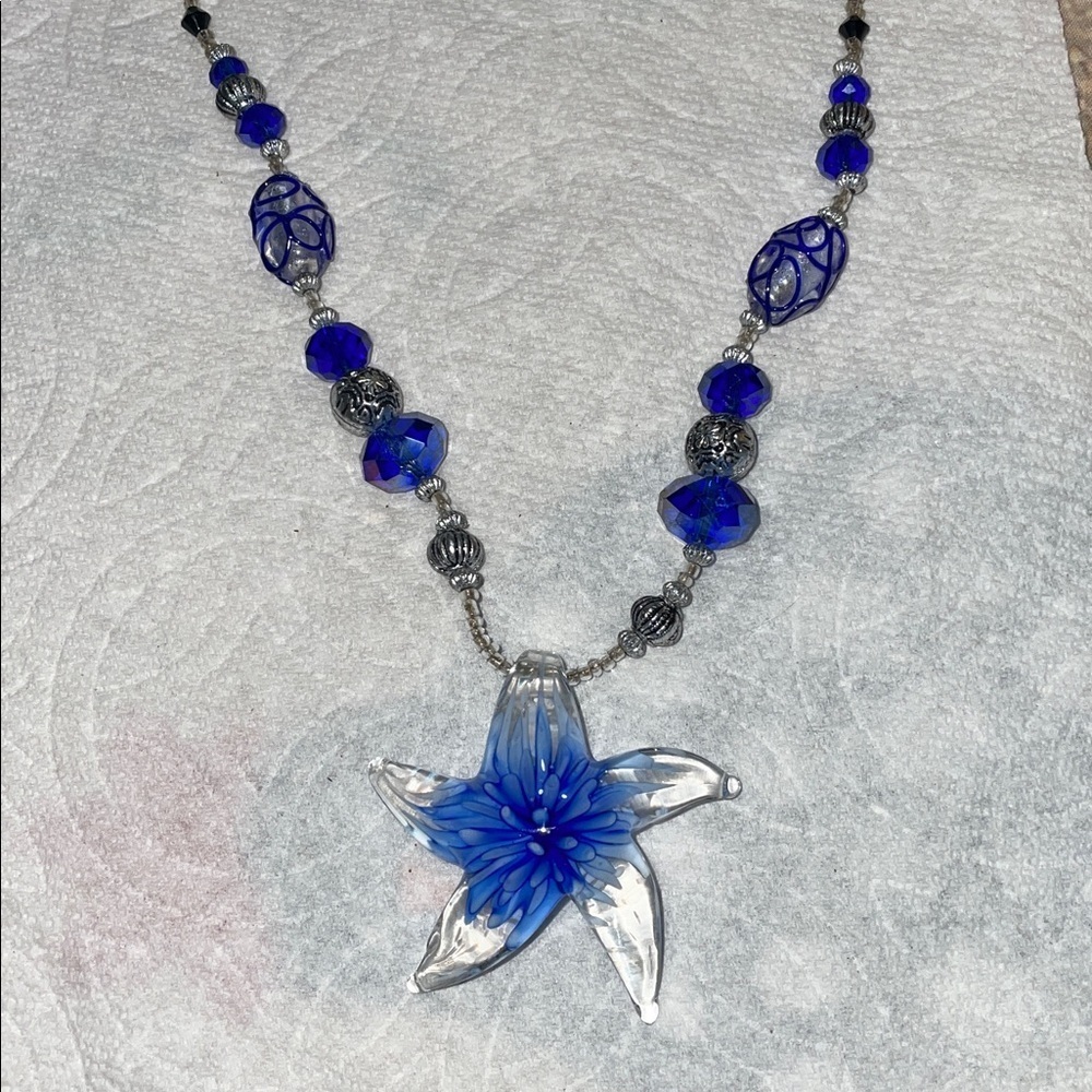 Vintage Blue Starfish Murano Glass Pendant Necklace